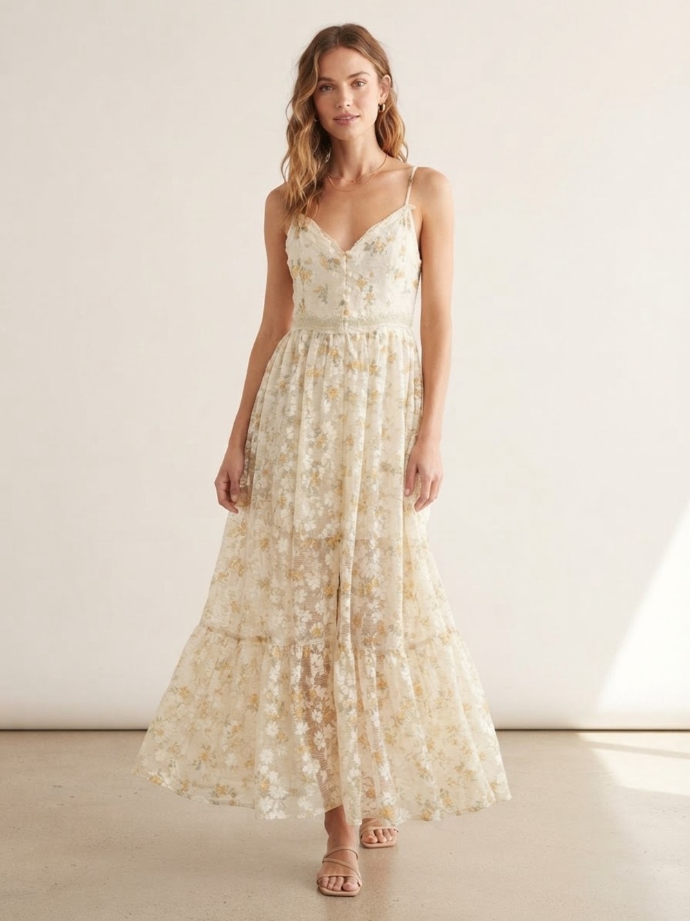 Spaghetti Strap Floral Lace Maxi Dress in Cream and Gold